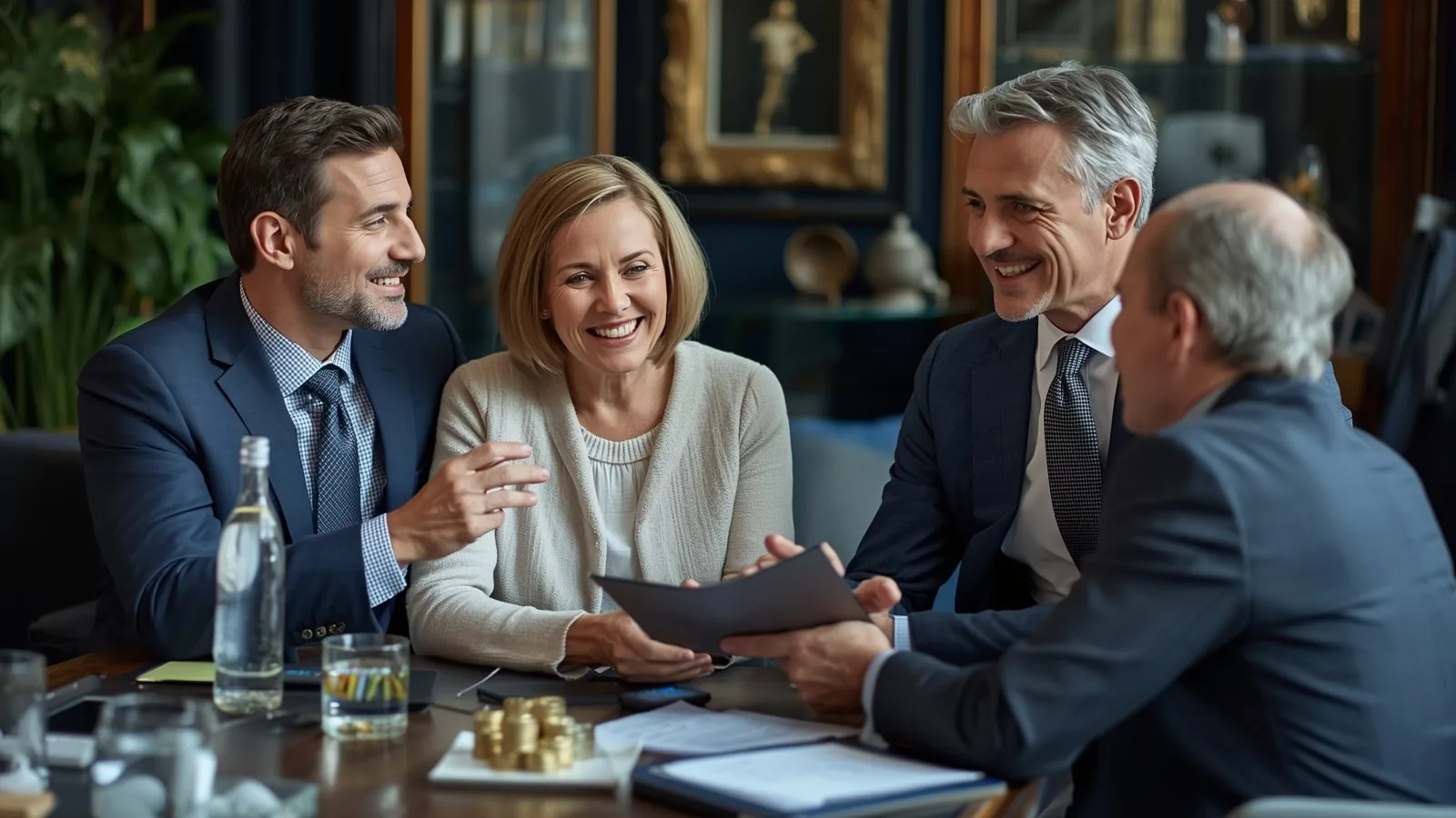Conseiller financier expliquant le crédit vendeur à un couple d'acquéreurs